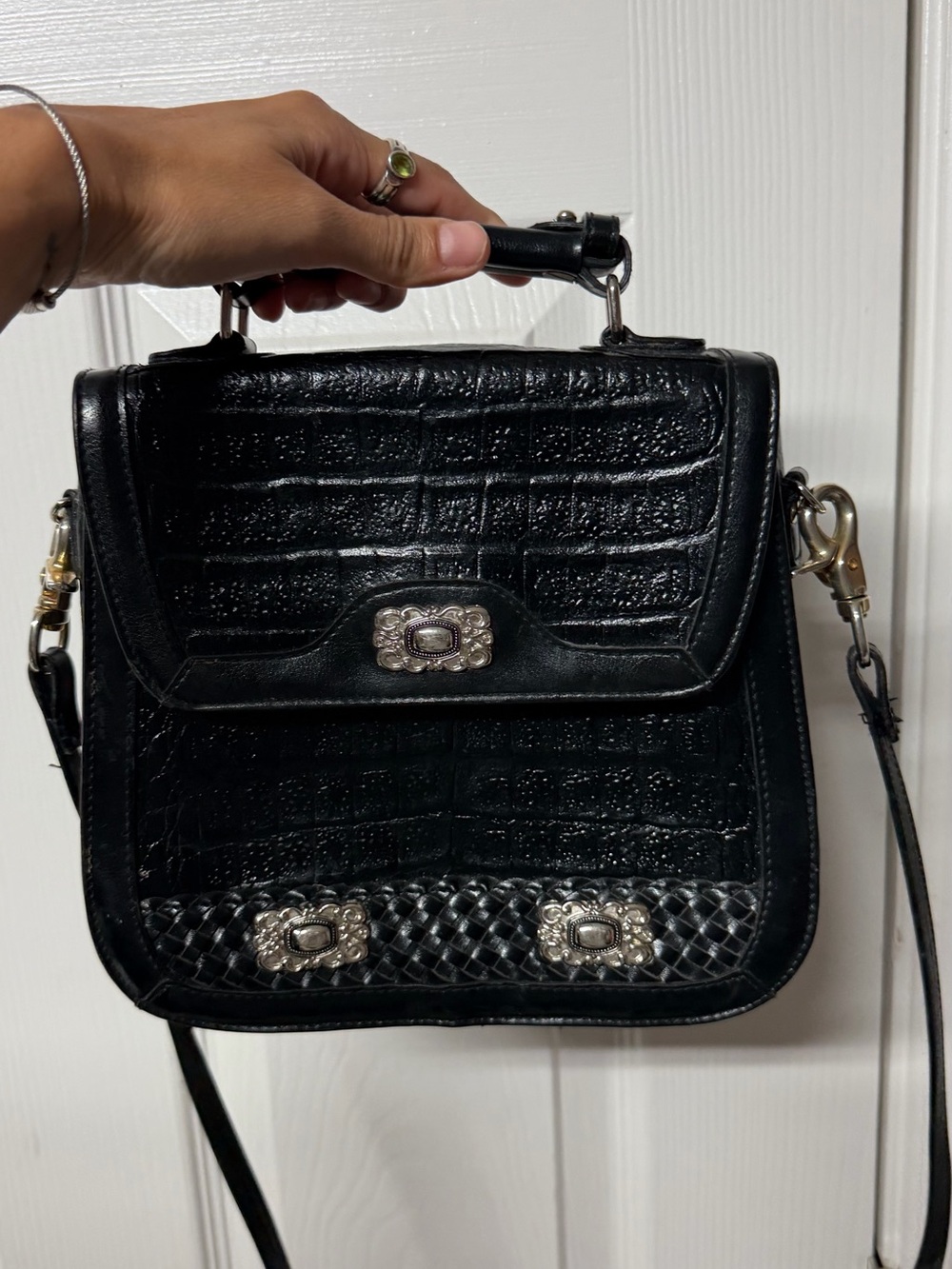 Black Croc-Embossed Top Handle Crossbody Bag